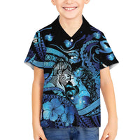 Personalised Maori Romantic Valentine Family Matching Puletasi and Hawaiian Shirt The Hongi Kiss Blue Galaxy DT05 Son's Shirt Blue - Polynesian Pride