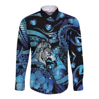 Personalised Maori Romantic Valentine Long Sleeve Button Shirt The Hongi Kiss Blue Galaxy