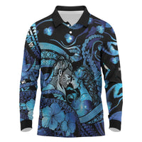Personalised Maori Romantic Valentine Long Sleeve Polo Shirt The Hongi Kiss Blue Galaxy