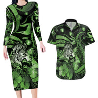 Personalised Maori Romantic Valentine Couples Matching Long Sleeve Bodycon Dress and Hawaiian Shirt The Hongi Kiss Green Galaxy DT05 Green - Polynesian Pride