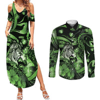 Personalised Maori Romantic Valentine Couples Matching Summer Maxi Dress and Long Sleeve Button Shirt The Hongi Kiss Green Galaxy