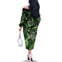 Personalised Maori Romantic Valentine Family Matching Off The Shoulder Long Sleeve Dress and Hawaiian Shirt The Hongi Kiss Green Galaxy DT05 - Polynesian Pride