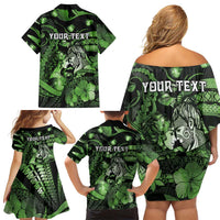Personalised Maori Romantic Valentine Family Matching Off Shoulder Short Dress and Hawaiian Shirt The Hongi Kiss Green Galaxy
