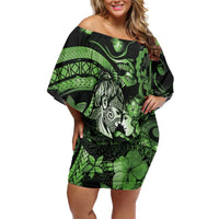 Personalised Maori Romantic Valentine Family Matching Off Shoulder Short Dress and Hawaiian Shirt The Hongi Kiss Green Galaxy