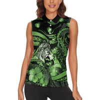 Personalised Maori Romantic Valentine Women Sleeveless Polo Shirt The Hongi Kiss Green Galaxy