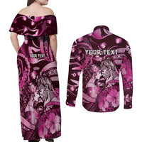 Personalised Maori Romantic Valentine Couples Matching Off Shoulder Maxi Dress and Long Sleeve Button Shirt The Hongi Kiss Pink Galaxy