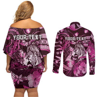 Personalised Maori Romantic Valentine Couples Matching Off Shoulder Short Dress and Long Sleeve Button Shirt The Hongi Kiss Pink Galaxy