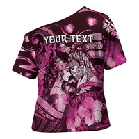 Personalised Maori Romantic Valentine Cross Shoulder Shirt The Hongi Kiss Pink Galaxy