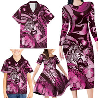 Personalised Maori Romantic Valentine Family Matching Long Sleeve Bodycon Dress and Hawaiian Shirt The Hongi Kiss Pink Galaxy