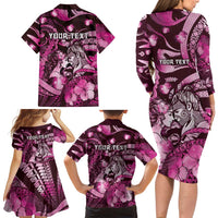 Personalised Maori Romantic Valentine Family Matching Long Sleeve Bodycon Dress and Hawaiian Shirt The Hongi Kiss Pink Galaxy
