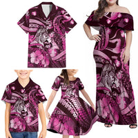 Personalised Maori Romantic Valentine Family Matching Off Shoulder Maxi Dress and Hawaiian Shirt The Hongi Kiss Pink Galaxy