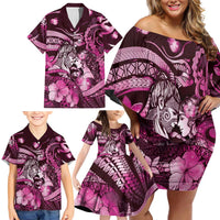 Personalised Maori Romantic Valentine Family Matching Off Shoulder Short Dress and Hawaiian Shirt The Hongi Kiss Pink Galaxy