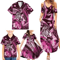 Personalised Maori Romantic Valentine Family Matching Summer Maxi Dress and Hawaiian Shirt The Hongi Kiss Pink Galaxy