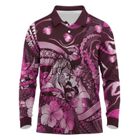 Personalised Maori Romantic Valentine Long Sleeve Polo Shirt The Hongi Kiss Pink Galaxy