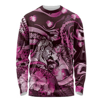 Personalised Maori Romantic Valentine Long Sleeve Shirt The Hongi Kiss Pink Galaxy