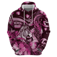 Personalised Maori Romantic Valentine Zip Hoodie The Hongi Kiss Pink Galaxy