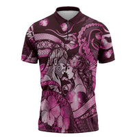 Personalised Maori Romantic Valentine Zipper Polo Shirt The Hongi Kiss Pink Galaxy DT05 Pink - Polynesian Pride