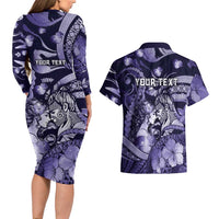 Personalised Maori Romantic Valentine Couples Matching Long Sleeve Bodycon Dress and Hawaiian Shirt The Hongi Kiss Purple Galaxy