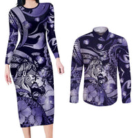 Personalised Maori Romantic Valentine Couples Matching Long Sleeve Bodycon Dress and Long Sleeve Button Shirt The Hongi Kiss Purple Galaxy