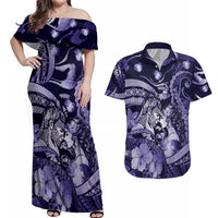 Personalised Maori Romantic Valentine Couples Matching Off Shoulder Maxi Dress and Hawaiian Shirt The Hongi Kiss Purple Galaxy