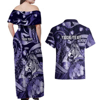 Personalised Maori Romantic Valentine Couples Matching Off Shoulder Maxi Dress and Hawaiian Shirt The Hongi Kiss Purple Galaxy