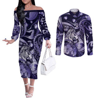 Personalised Maori Romantic Valentine Couples Matching Off The Shoulder Long Sleeve Dress and Long Sleeve Button Shirt The Hongi Kiss Purple Galaxy