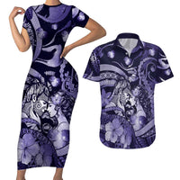 Personalised Maori Romantic Valentine Couples Matching Short Sleeve Bodycon Dress and Hawaiian Shirt The Hongi Kiss Purple Galaxy