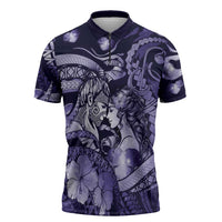 Personalised Maori Romantic Valentine Zipper Polo Shirt The Hongi Kiss Purple Galaxy