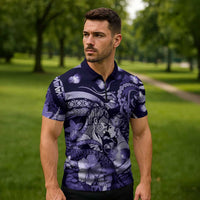 Personalised Maori Romantic Valentine Zipper Polo Shirt The Hongi Kiss Purple Galaxy