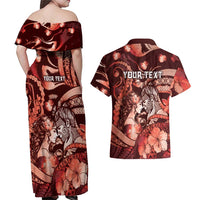 Personalised Maori Romantic Valentine Couples Matching Off Shoulder Maxi Dress and Hawaiian Shirt The Hongi Kiss Red Galaxy