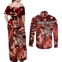 Personalised Maori Romantic Valentine Couples Matching Off Shoulder Maxi Dress and Long Sleeve Button Shirt The Hongi Kiss Red Galaxy