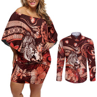 Personalised Maori Romantic Valentine Couples Matching Off Shoulder Short Dress and Long Sleeve Button Shirt The Hongi Kiss Red Galaxy