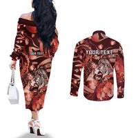 Personalised Maori Romantic Valentine Couples Matching Off The Shoulder Long Sleeve Dress and Long Sleeve Button Shirt The Hongi Kiss Red Galaxy