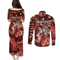 Personalised Maori Romantic Valentine Couples Matching Puletasi and Long Sleeve Button Shirt The Hongi Kiss Red Galaxy
