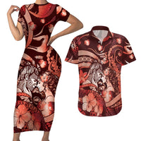 Personalised Maori Romantic Valentine Couples Matching Short Sleeve Bodycon Dress and Hawaiian Shirt The Hongi Kiss Red Galaxy DT05 Red - Polynesian Pride