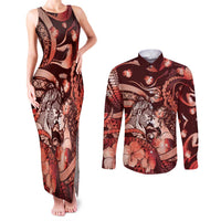Personalised Maori Romantic Valentine Couples Matching Tank Maxi Dress and Long Sleeve Button Shirt The Hongi Kiss Red Galaxy
