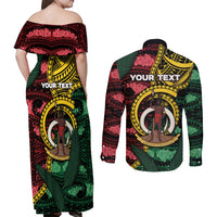 Personalised Vanuatu Independence Day Couples Matching Off Shoulder Maxi Dress and Long Sleeve Button Shirt Boar Tusk Warrior Tribal Floral Patterns