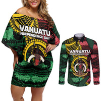 Personalised Vanuatu Independence Day Couples Matching Off Shoulder Short Dress and Long Sleeve Button Shirt Boar Tusk Warrior Tribal Floral Patterns