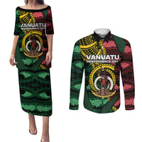 Personalised Vanuatu Independence Day Couples Matching Puletasi and Long Sleeve Button Shirt Boar Tusk Warrior Tribal Floral Patterns