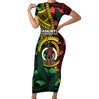 Personalised Vanuatu Independence Day Family Matching Short Sleeve Bodycon Dress and Hawaiian Shirt Boar Tusk Warrior Tribal Floral Patterns