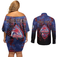 Personalised Guam Couples Matching Off Shoulder Short Dress and Long Sleeve Button Shirt Chamorro Seal Tribal Scratch Design - Polynesian Pride