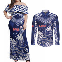Personalised Samoa Rugby Couples Matching Off Shoulder Maxi Dress and Long Sleeve Button Shirt Pacific Warrior Glory DT05 Navy - Polynesian Pride