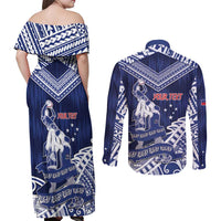 Personalised Samoa Rugby Couples Matching Off Shoulder Maxi Dress and Long Sleeve Button Shirt Pacific Warrior Glory DT05 - Polynesian Pride
