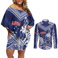 Personalised Samoa Rugby Couples Matching Off Shoulder Short Dress and Long Sleeve Button Shirt Pacific Warrior Glory DT05 Navy - Polynesian Pride