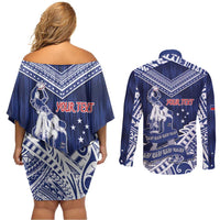 Personalised Samoa Rugby Couples Matching Off Shoulder Short Dress and Long Sleeve Button Shirt Pacific Warrior Glory DT05 - Polynesian Pride