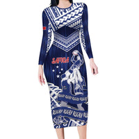 Personalised Samoa Rugby Family Matching Long Sleeve Bodycon Dress and Hawaiian Shirt Pacific Warrior Glory DT05 Mom's Dress Navy - Polynesian Pride