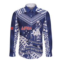 Personalised Samoa Rugby Long Sleeve Button Shirt Pacific Warrior Glory DT05 Unisex Navy - Polynesian Pride