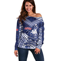 Personalised Samoa Rugby Off Shoulder Sweater Pacific Warrior Glory DT05 Women Navy - Polynesian Pride