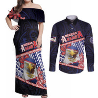 Personalized American Samoa Couples Matching Off Shoulder Maxi Dress and Long Sleeve Button Shirt Bald Eagle With Polynesian Pattern DT05 Navy - Polynesian Pride