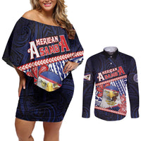 Personalized American Samoa Couples Matching Off Shoulder Short Dress and Long Sleeve Button Shirt Bald Eagle With Polynesian Pattern DT05 Navy - Polynesian Pride